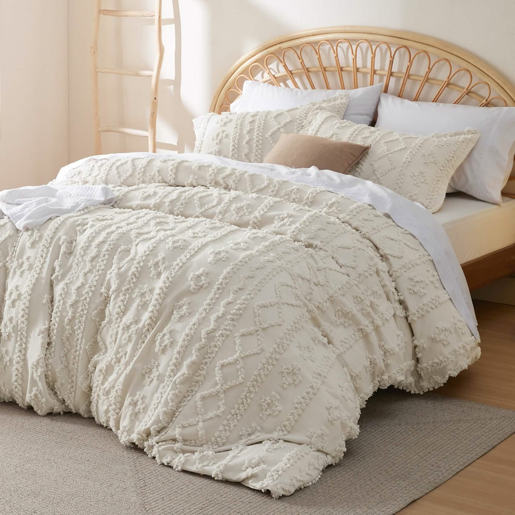 Cream embroidered duvet cover set with braided lines on rattan bed