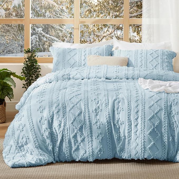 Light blue tufted duvet cover set with floral and diamond patterns