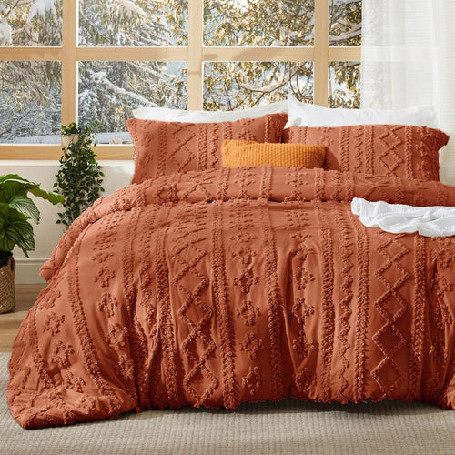 Boho Chic Duvet Cover Set | Tufted Chenille Geometric Terracotta Rust Style