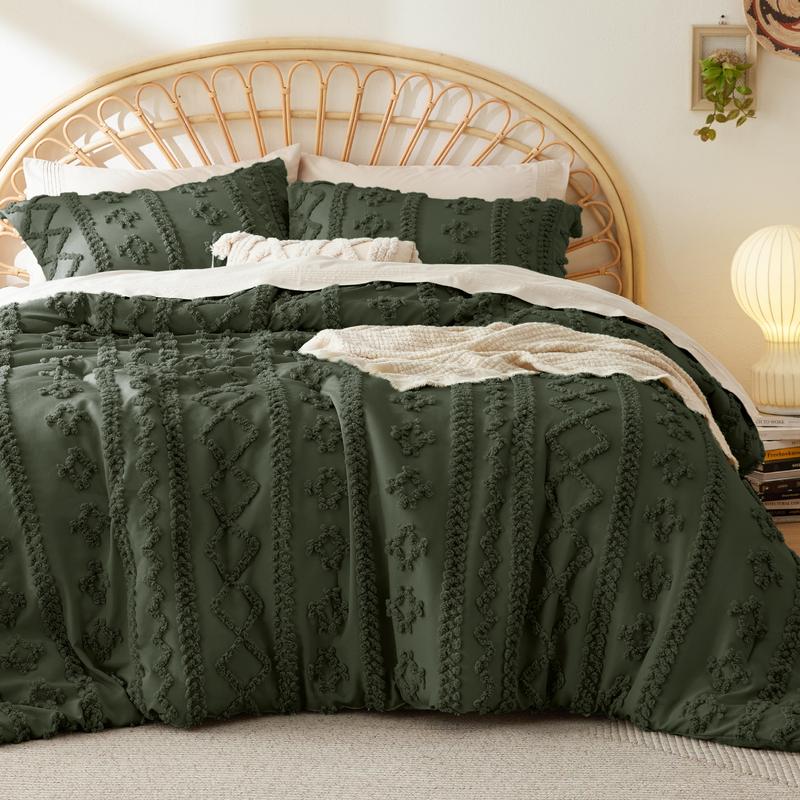 Olive green tufted duvet cover set with subtle tonal embroidery
