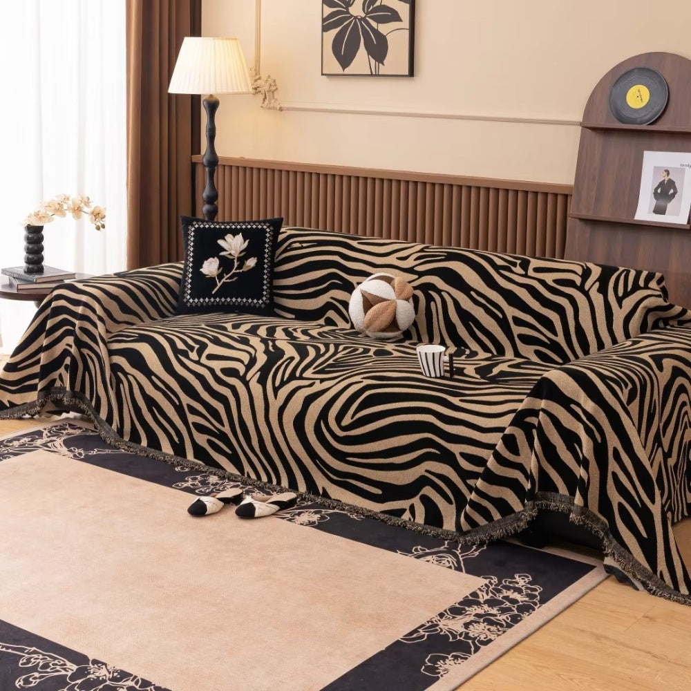 Bold Chenille Zebra Sofa Cover – Stylish Protection with Soft Texture and Tasselled Edges 2