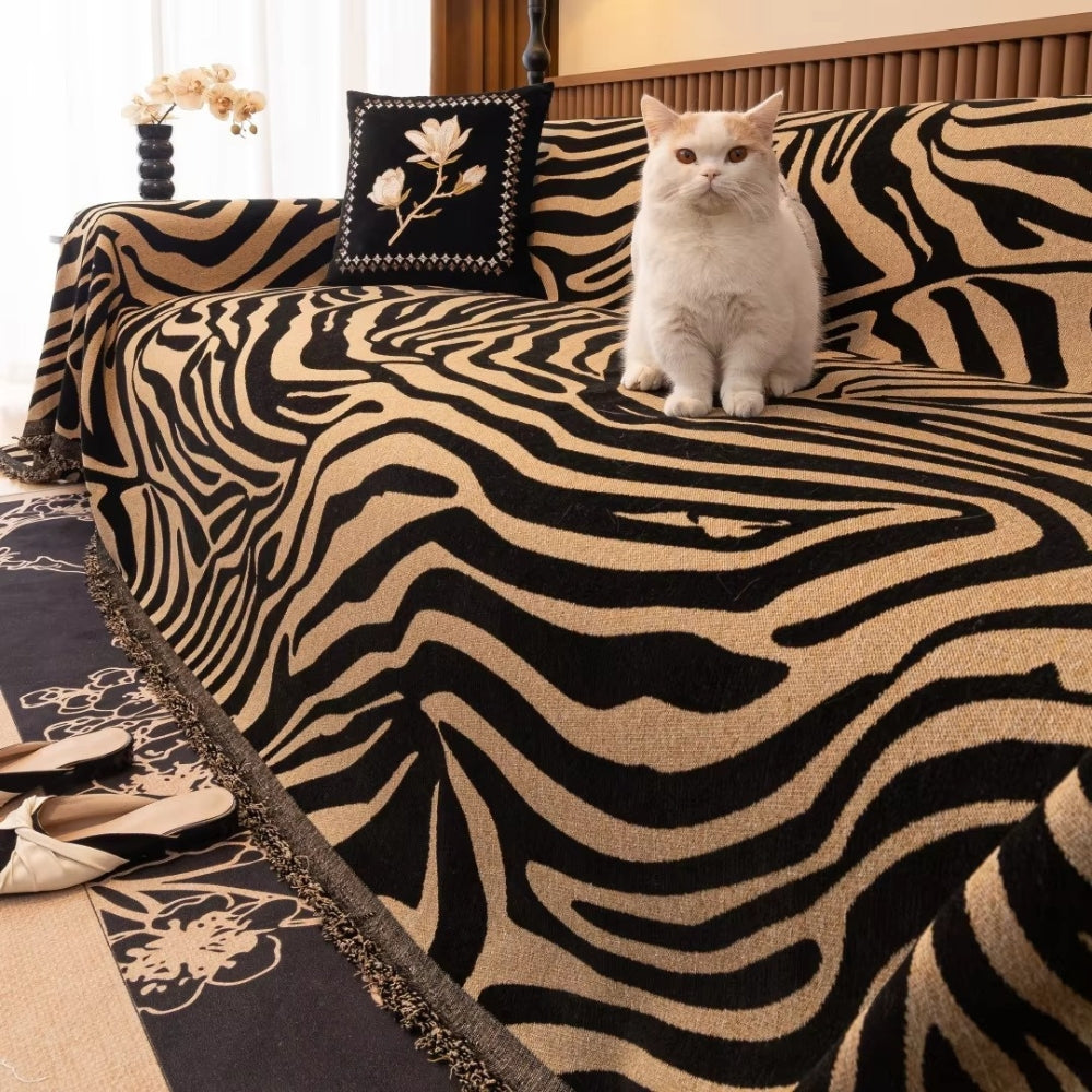Bold Chenille Zebra Sofa Cover – Stylish Protection with Soft Texture and Tasselled Edges 3