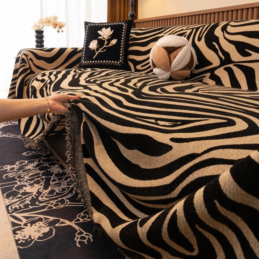 Bold Chenille Zebra Sofa Cover – Stylish Protection with Soft Texture and Tasselled Edges 4