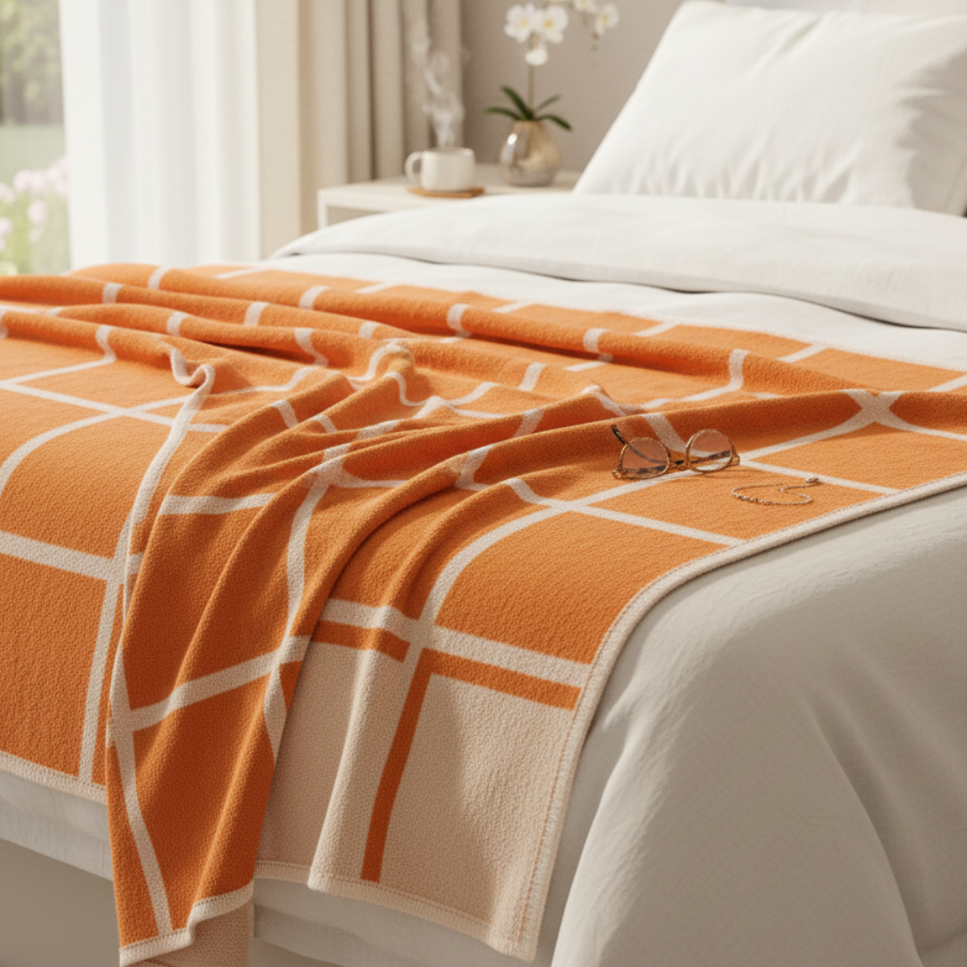 CRISS Lambswool & Cotton Chenille Blanket – 140x200cm Pale Orange Grid Throw