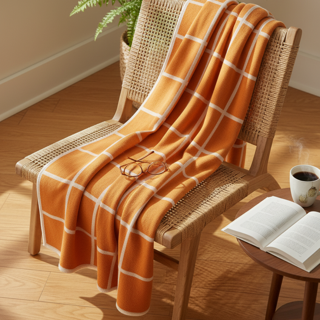 CRISS Lambswool & Cotton Chenille Blanket – 140x200cm Pale Orange Grid Throw
