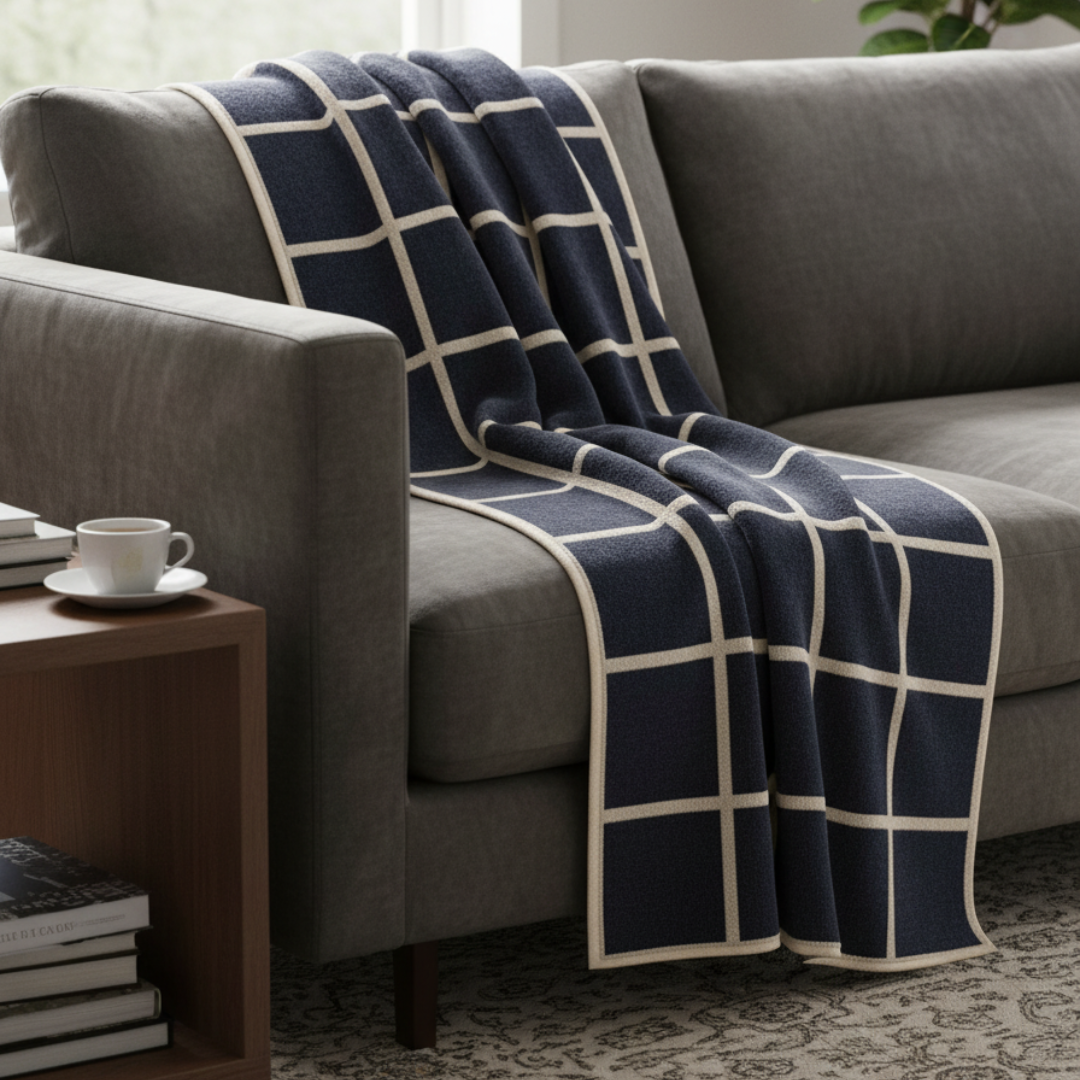 CRISS Lambswool & Cotton Chenille Blanket - 140x200cm Dark Blue Grid Throw