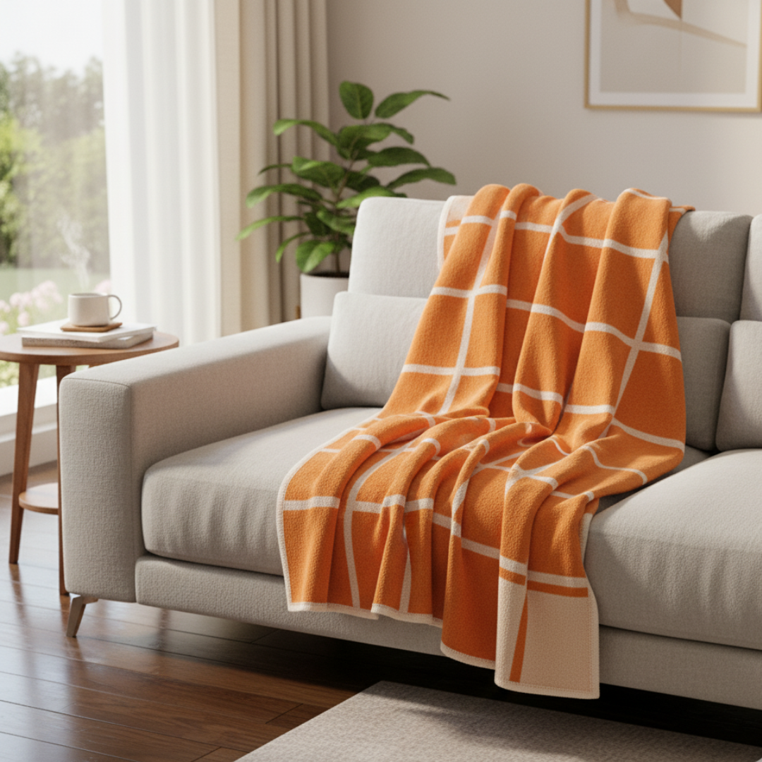 CRISS Lambswool & Cotton Chenille Blanket – 140x200cm Pale Orange Grid Throw