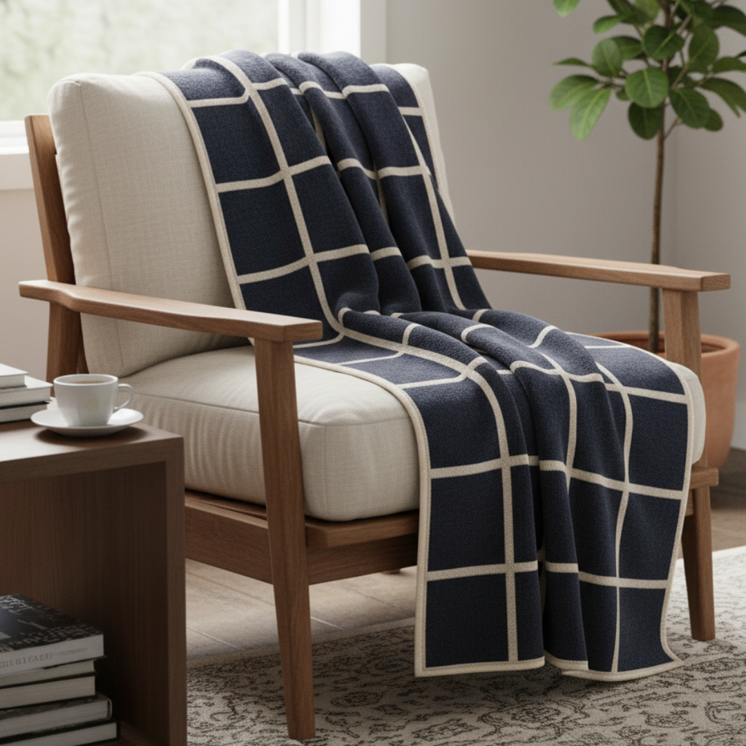 CRISS Lambswool & Cotton Chenille Blanket - 140x200cm Dark Blue Grid Throw