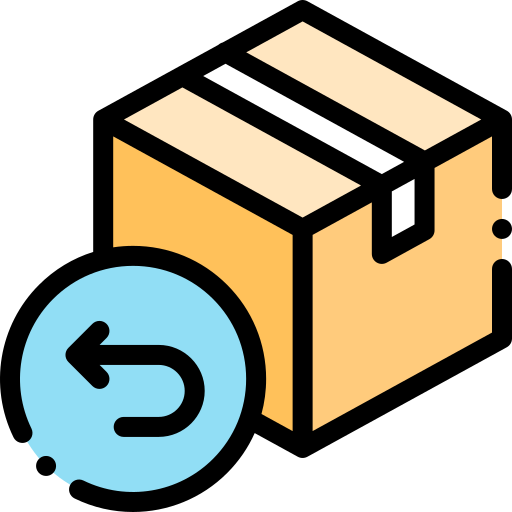 Cartoon box with a blue circle and arrow icon on a white background