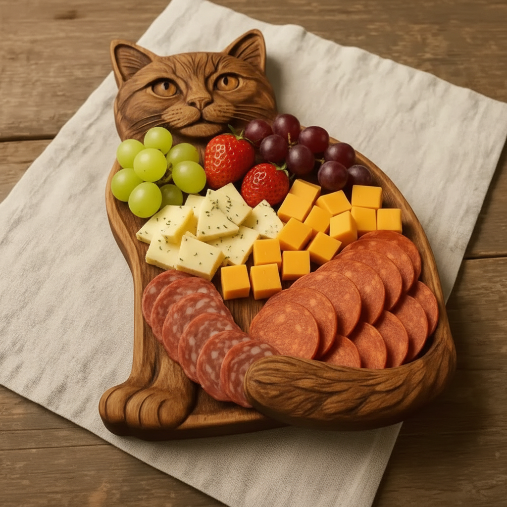Handcrafted wood cat serving board detail showing engraved whiskers and curved tail rim