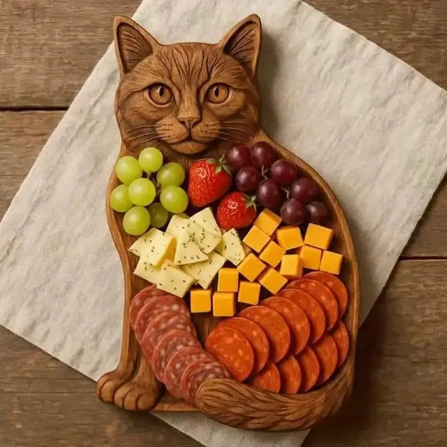 Cat-shaped wooden charcuterie platter with carved ears and tail holding cheese and fruit