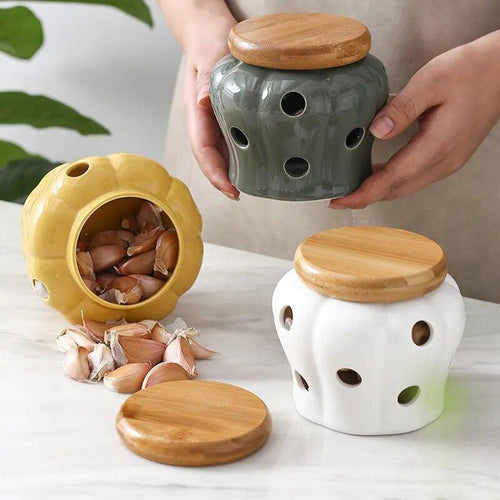 Ceramic Garlic Keeper Jar | Bamboo Lid Ventilation Holes White Gray Yellow