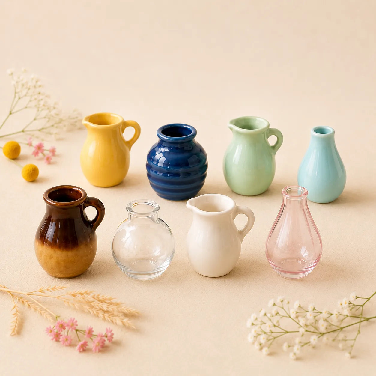collection of colorful pitcher-style ceramic magnet vases with dried wheat