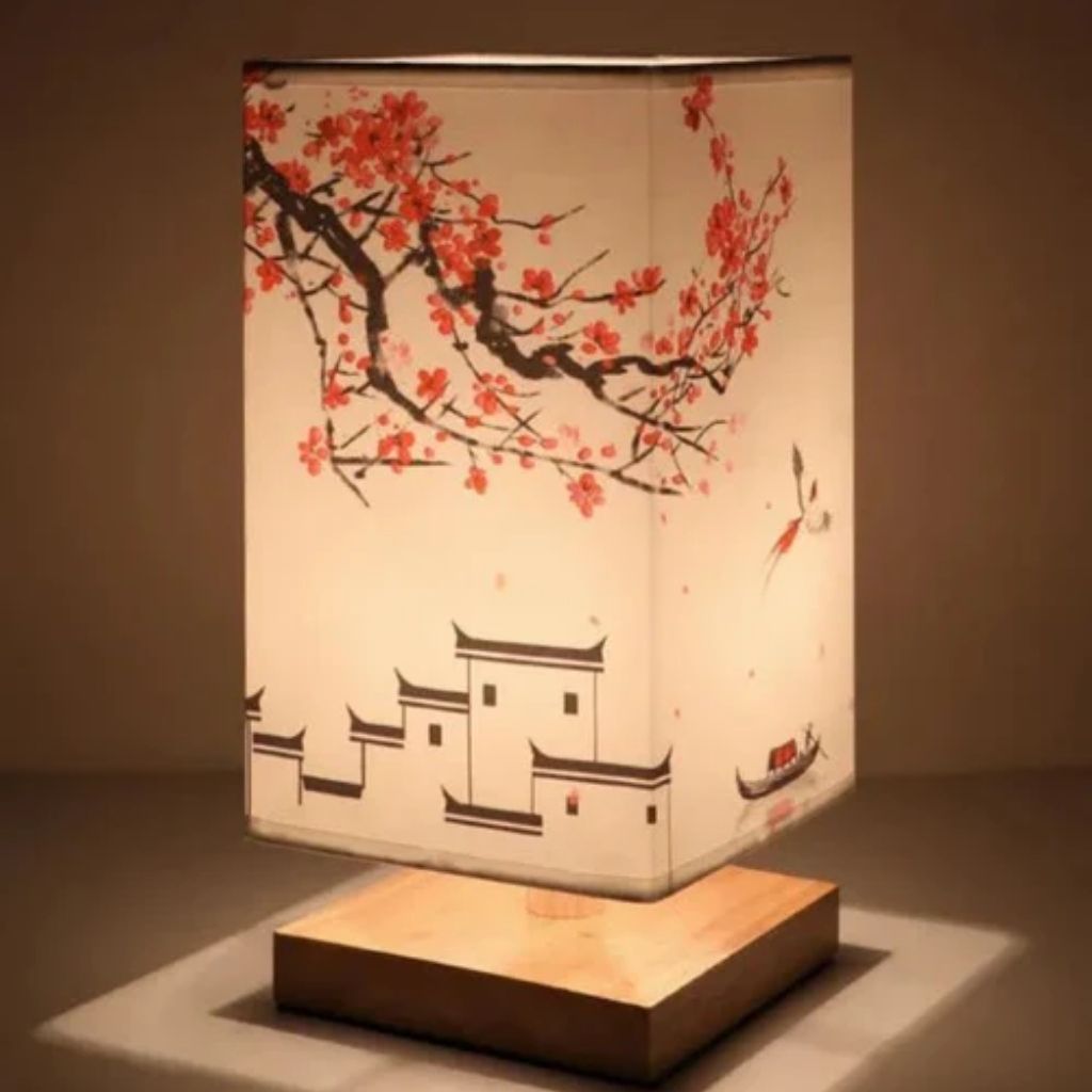 Oriental Table Lamp featuring cherry blossoms, pagodas, and boat silhouette on shade