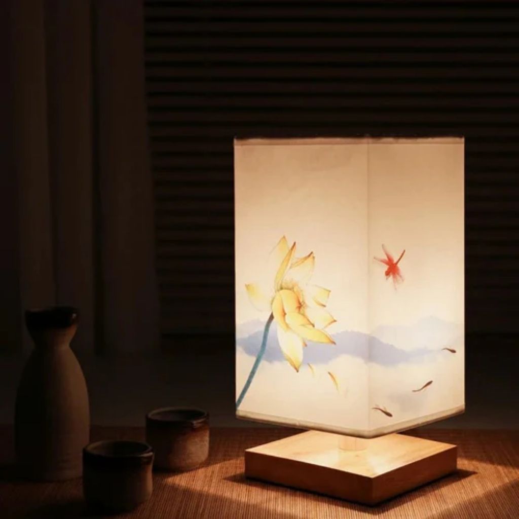 Lotus and Dragonfly Japanese Style Table Lamp with cream fabric shade and wood base