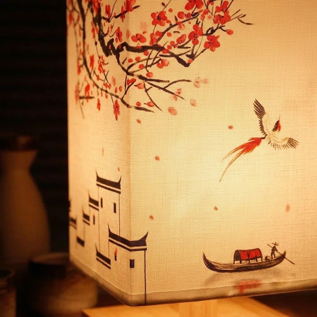 Cherry Blossom Table Lamp with hand-painted crane and traditional houses on fabric shade