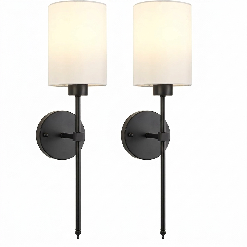 Matte black wall sconce set with white fabric shades and square accent