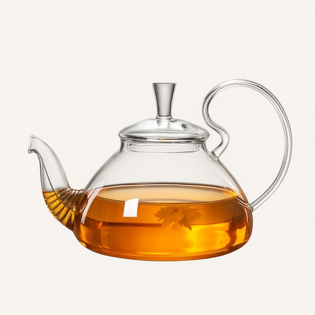 Clear glass teapot with leaf-shaped infuser and visible spiral coil filter