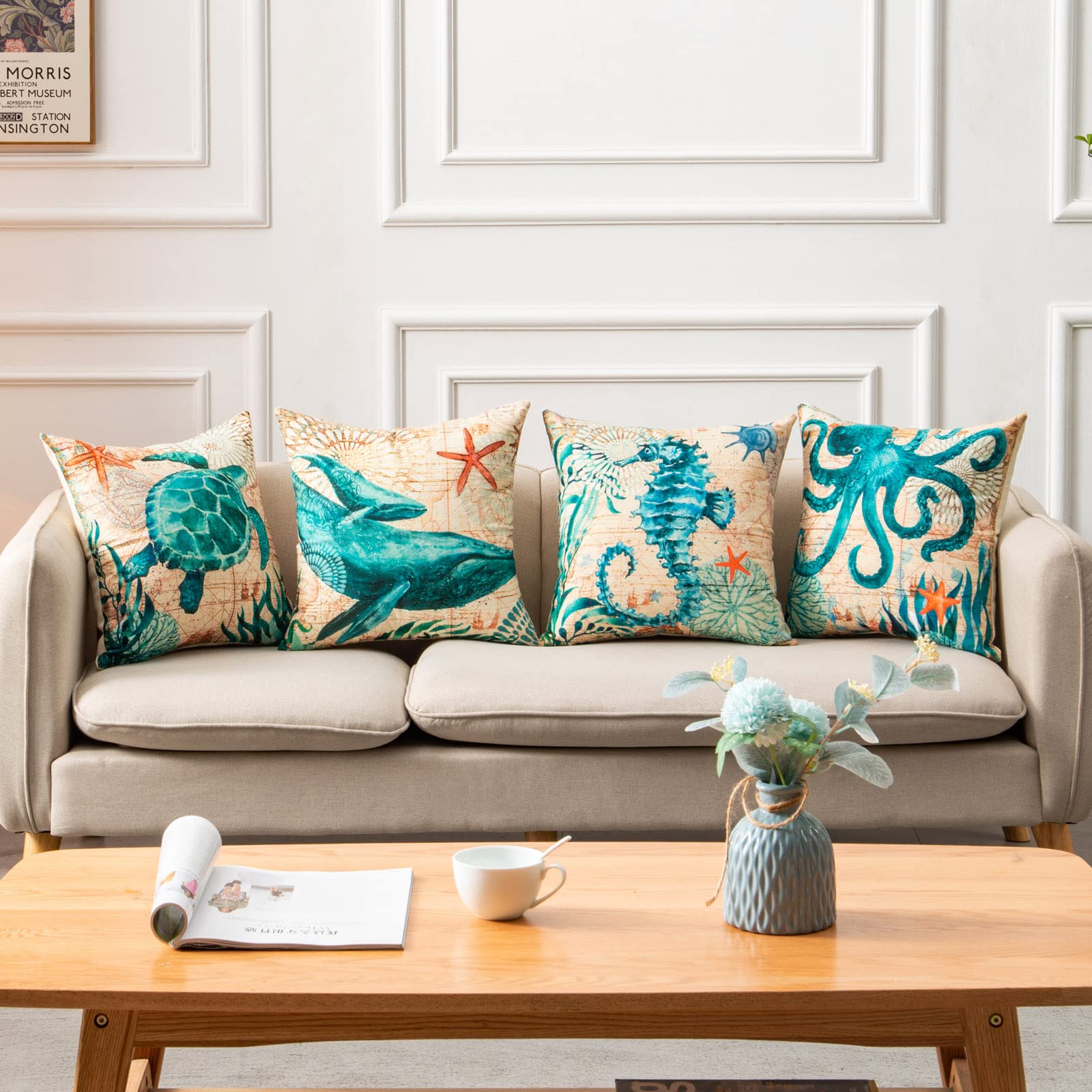 Coastal ocean life pillow set with sea turtle and whale on map