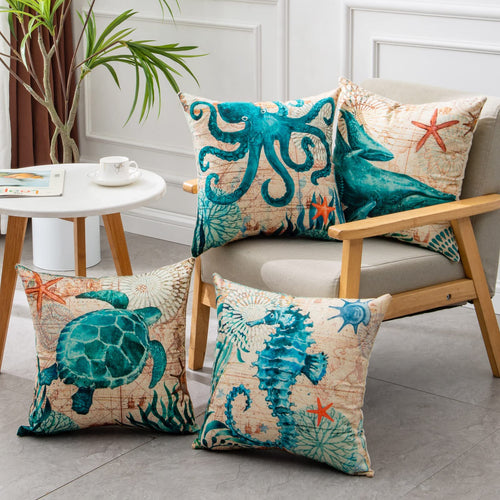 Coastal Throw Pillow Covers | Ocean Life Sea Creature Linen Cotton