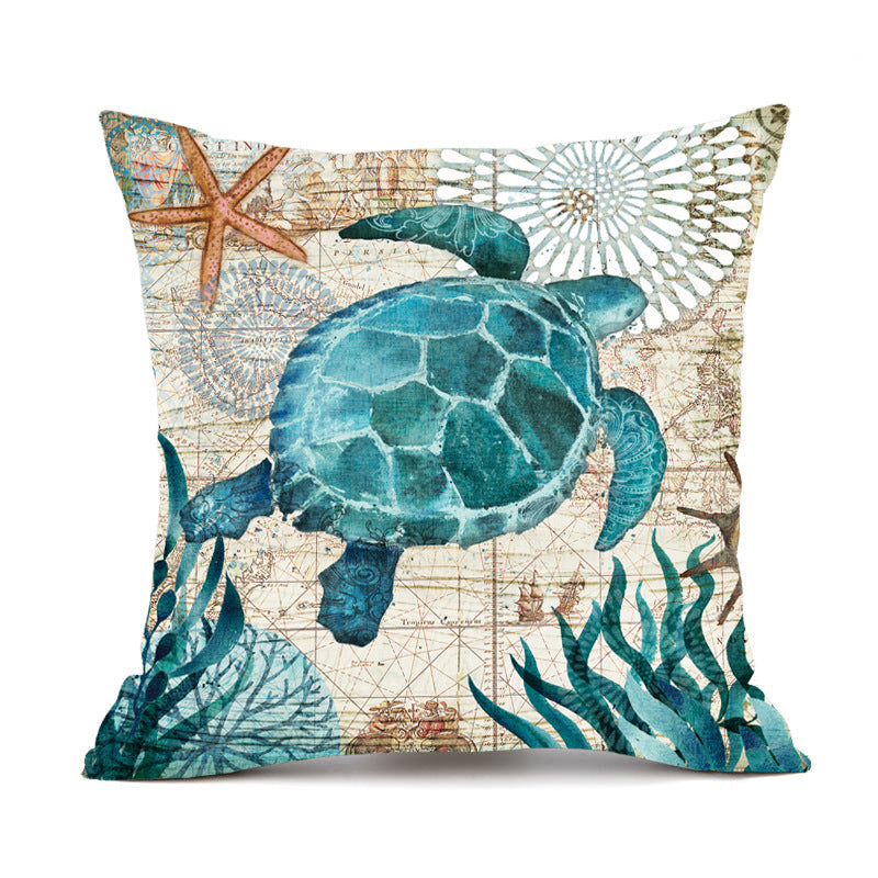 Large teal sea turtle vintage map throw pillow cover with seaweed