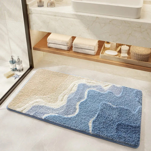 Coastal Non-Slip Bath Mat – Soft, Absorbent, Fluffy Flocking with Seaside Footprint Pattern