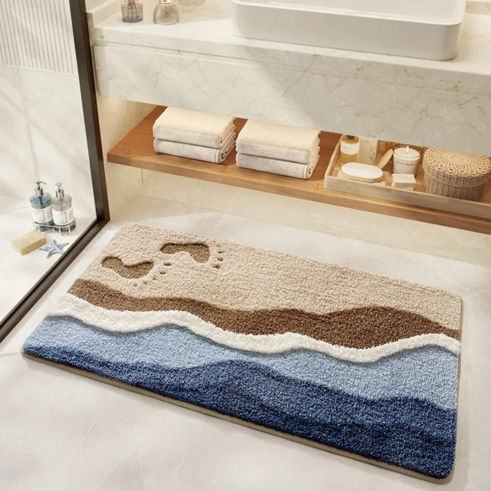 Coastal Non-Slip Bath Mat – Soft, Absorbent, Fluffy Flocking with Seaside Footprint Pattern 1
