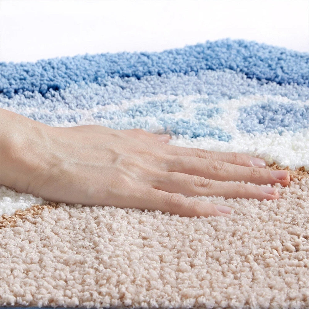 Coastal Non-Slip Bath Mat – Soft, Absorbent, Fluffy Flocking with Seaside Footprint Pattern 2