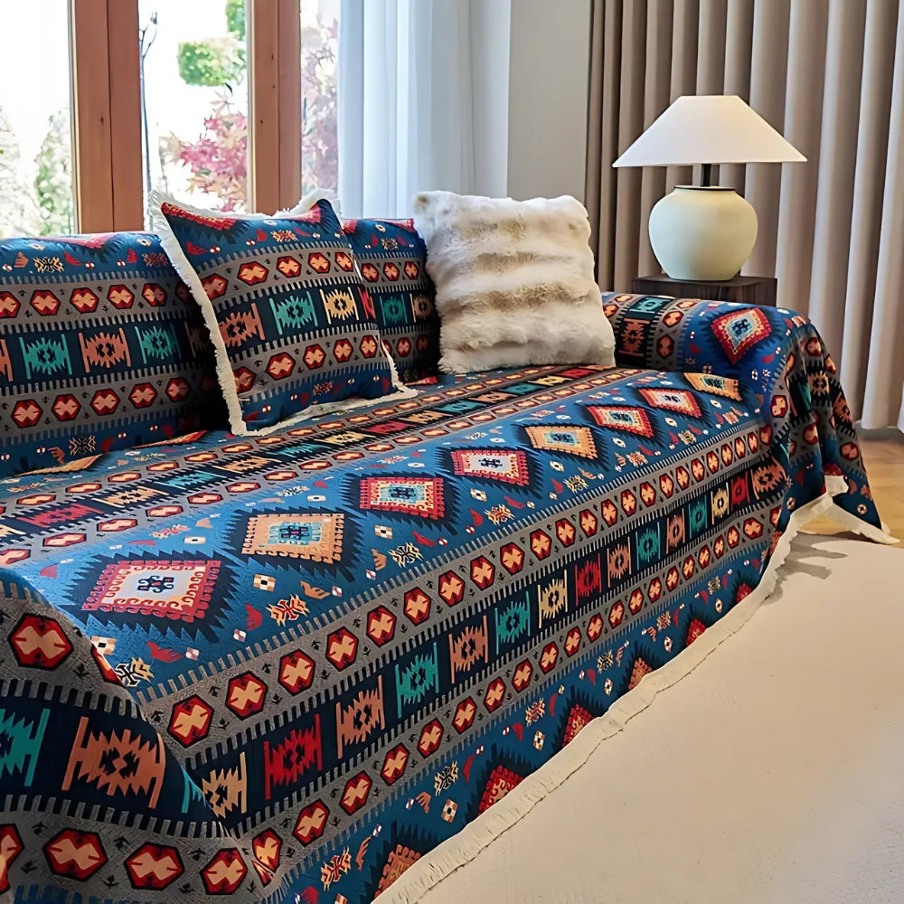 Colorful Bohemian Sofa Cover – Vintage Geometric Design with Durable Chenille Fabric 0