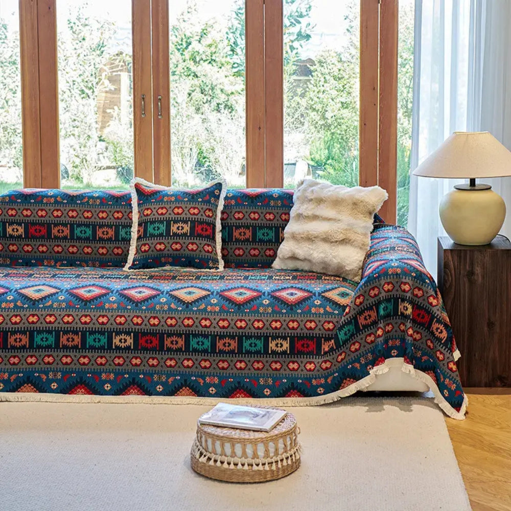 Colorful Bohemian Sofa Cover – Vintage Geometric Design with Durable Chenille Fabric 1
