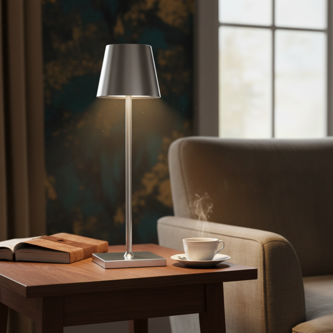 Cordless LED Table Lamp Portable Conical Aluminum Design