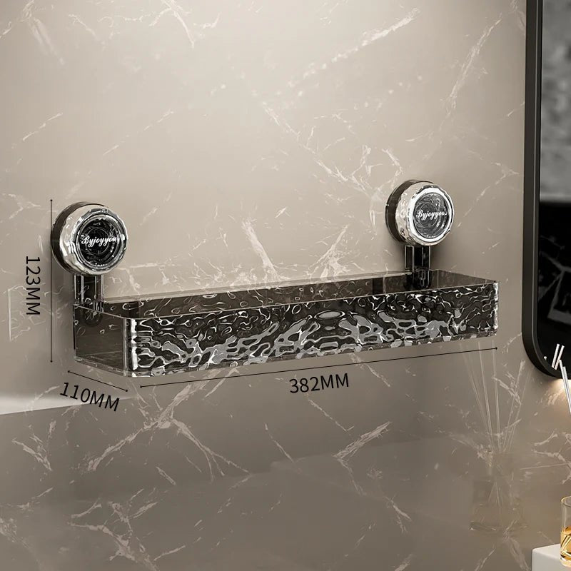 Smoked grey rectangular corner shower organizer with dimensions overlay