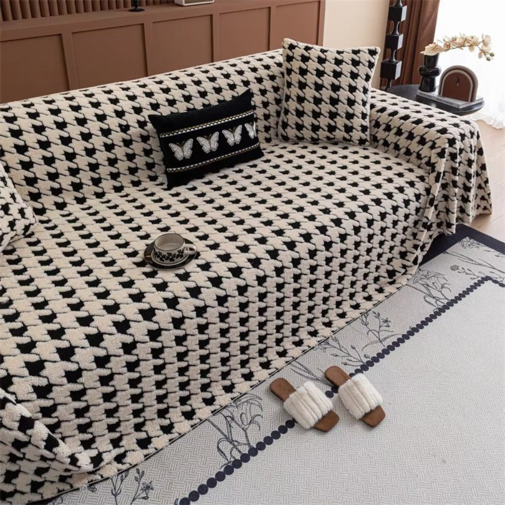 Cozy Plush Sofa Cover – Classic Houndstooth Design with Non-Slip Backing 0