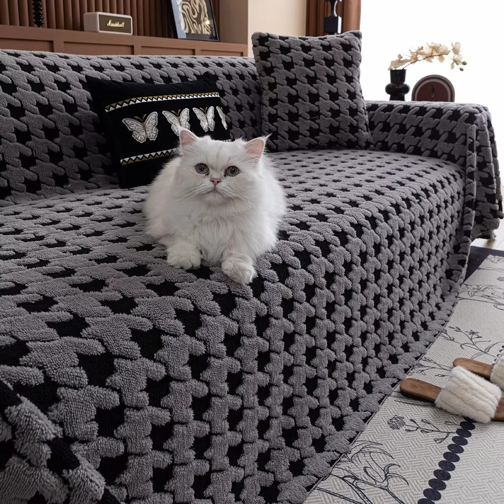 Cozy Plush Sofa Cover – Classic Houndstooth Design with Non-Slip Backing 3