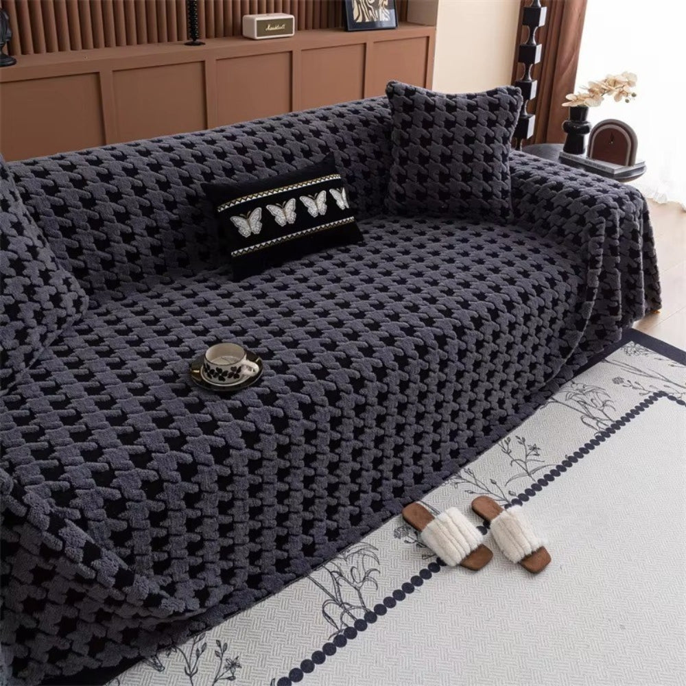 Cozy Plush Sofa Cover – Classic Houndstooth Design with Non-Slip Backing 9