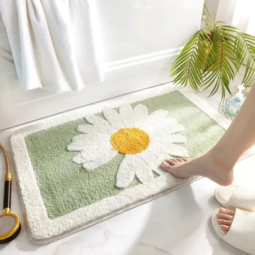 Daisy Flower Bath Rug Absorbent Shower Mat – Anti-Skid Backing Cute Pastel Sage Style