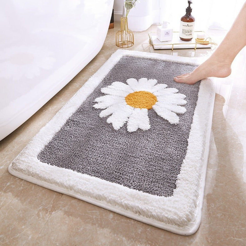 Daisy Flower Bath Rug Absorbent Shower Mat – Anti-Skid Backing Cute Pastel Sage Style