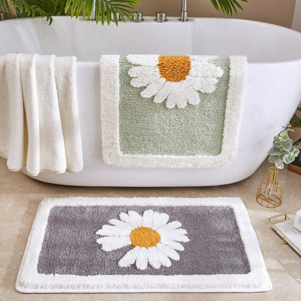 Daisy Flower Bath Rug Absorbent Shower Mat – Anti-Skid Backing Cute Pastel Sage Style