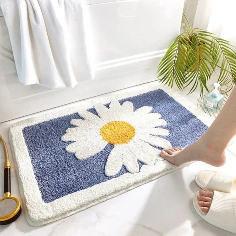 Daisy Flower Bath Rug Absorbent Shower Mat – Anti-Skid Backing Cute Pastel Sage Style