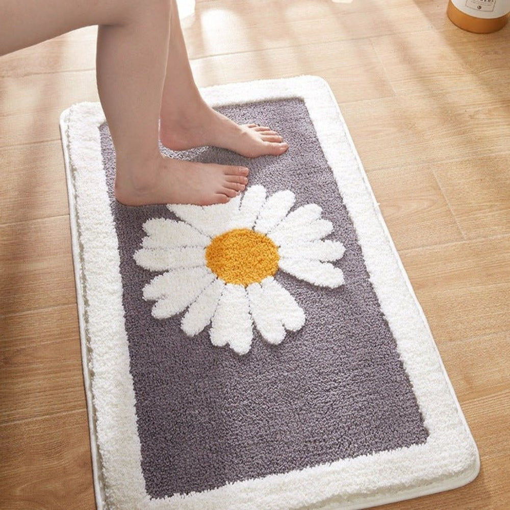 Daisy Flower Bath Rug Absorbent Shower Mat – Anti-Skid Backing Cute Pastel Sage Style