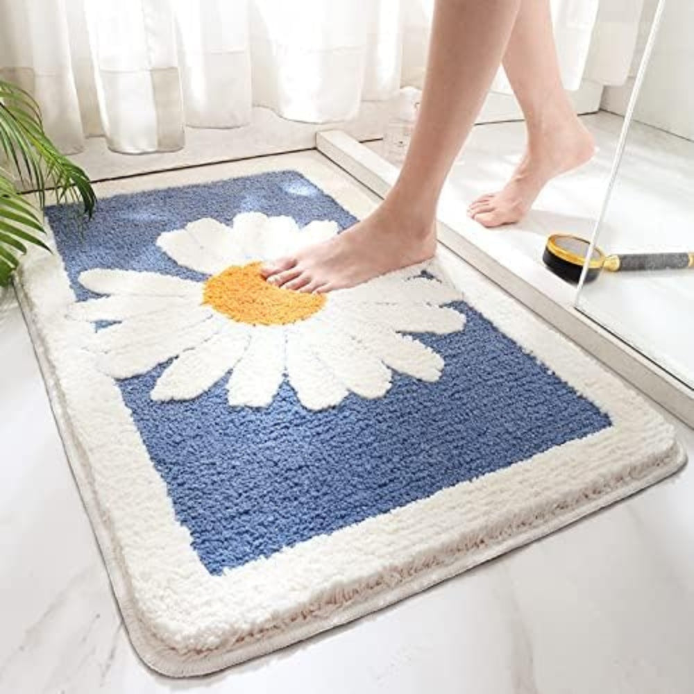 Daisy Flower Bath Rug Absorbent Shower Mat – Anti-Skid Backing Cute Pastel Sage Style