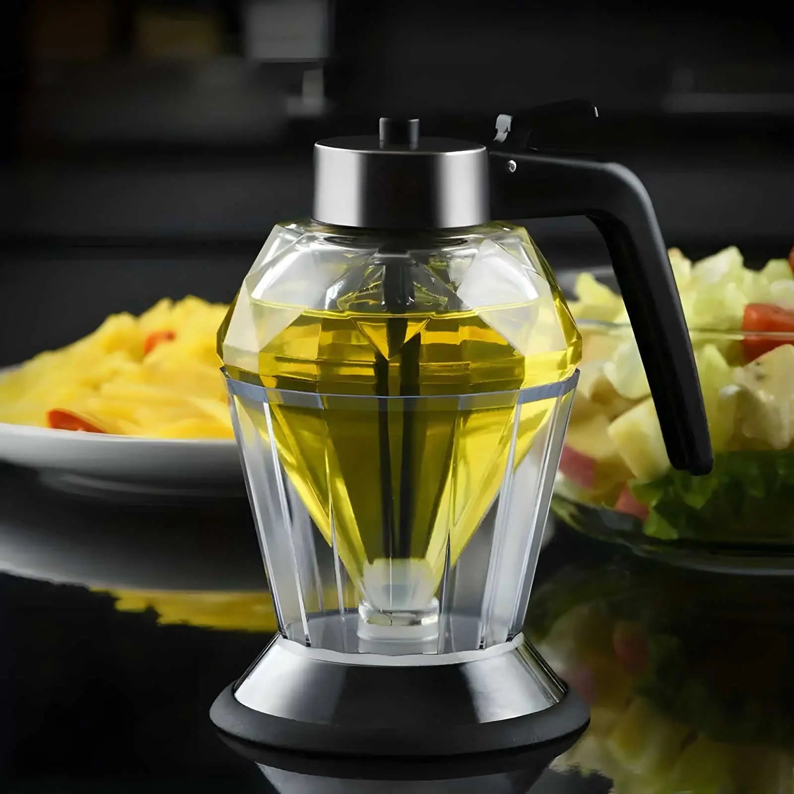 Diamond-shaped glass oil dispenser with silver stand and trigger pourer