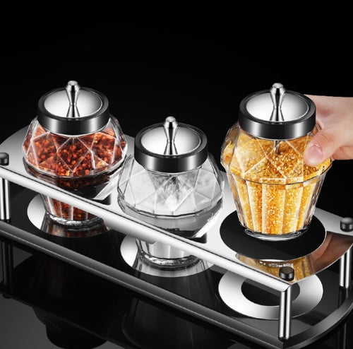 Diamond Pattern Spice Jars | Stainless Steel Tray Lid Spoon Clear Glass