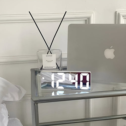 Digital Mirror Alarm Clock | Large White LED Display Black Frame Modern Style