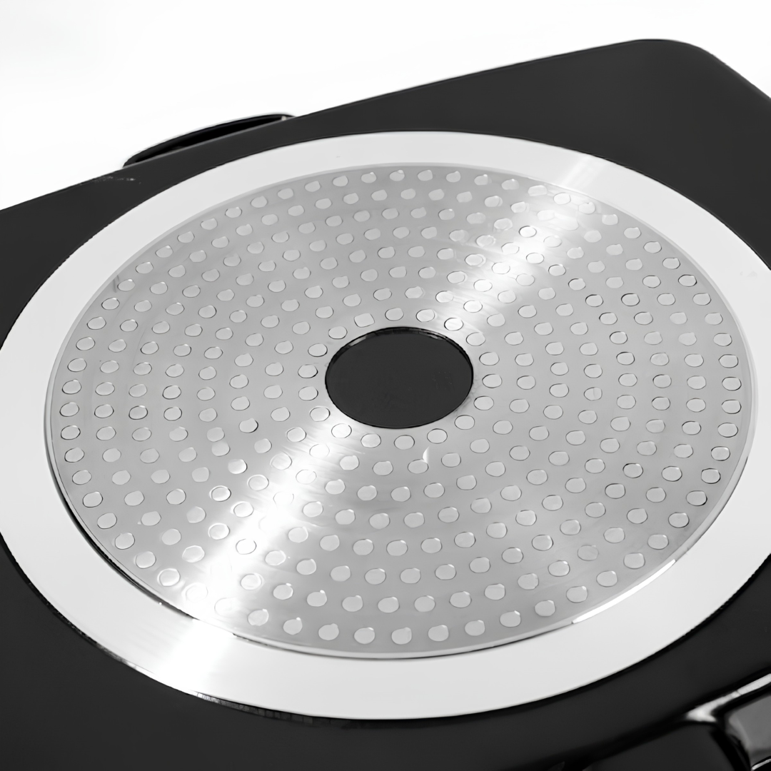 Black divided breakfast pan underside with silver heat-distributing base