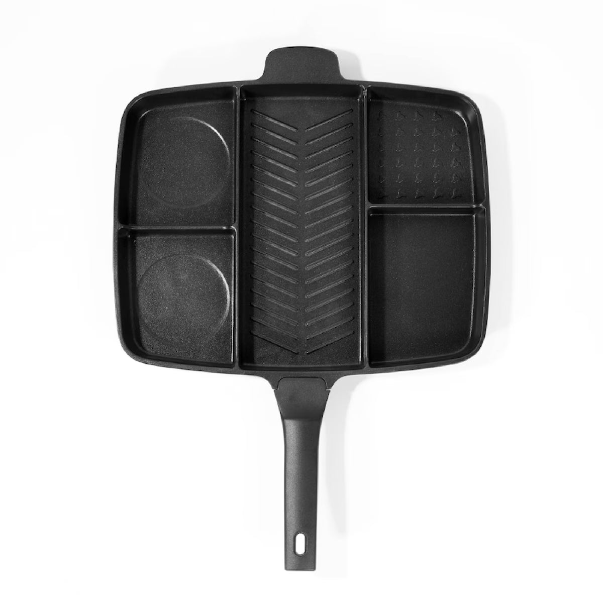Empty black 5-section breakfast skillet with grill ridges and egg rings