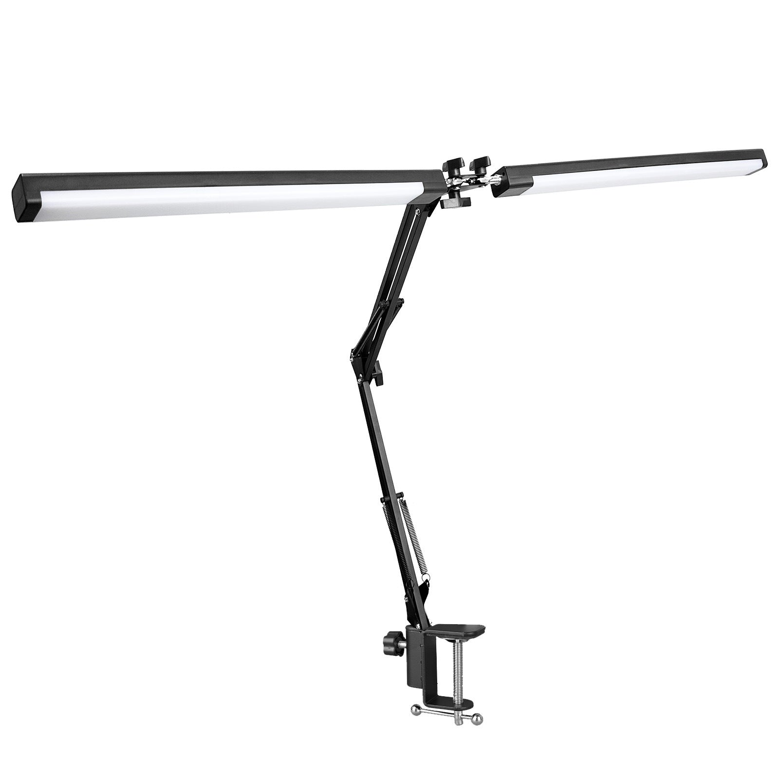 Dual bar LED office desk lamp with adjustable spring-loaded swing arm