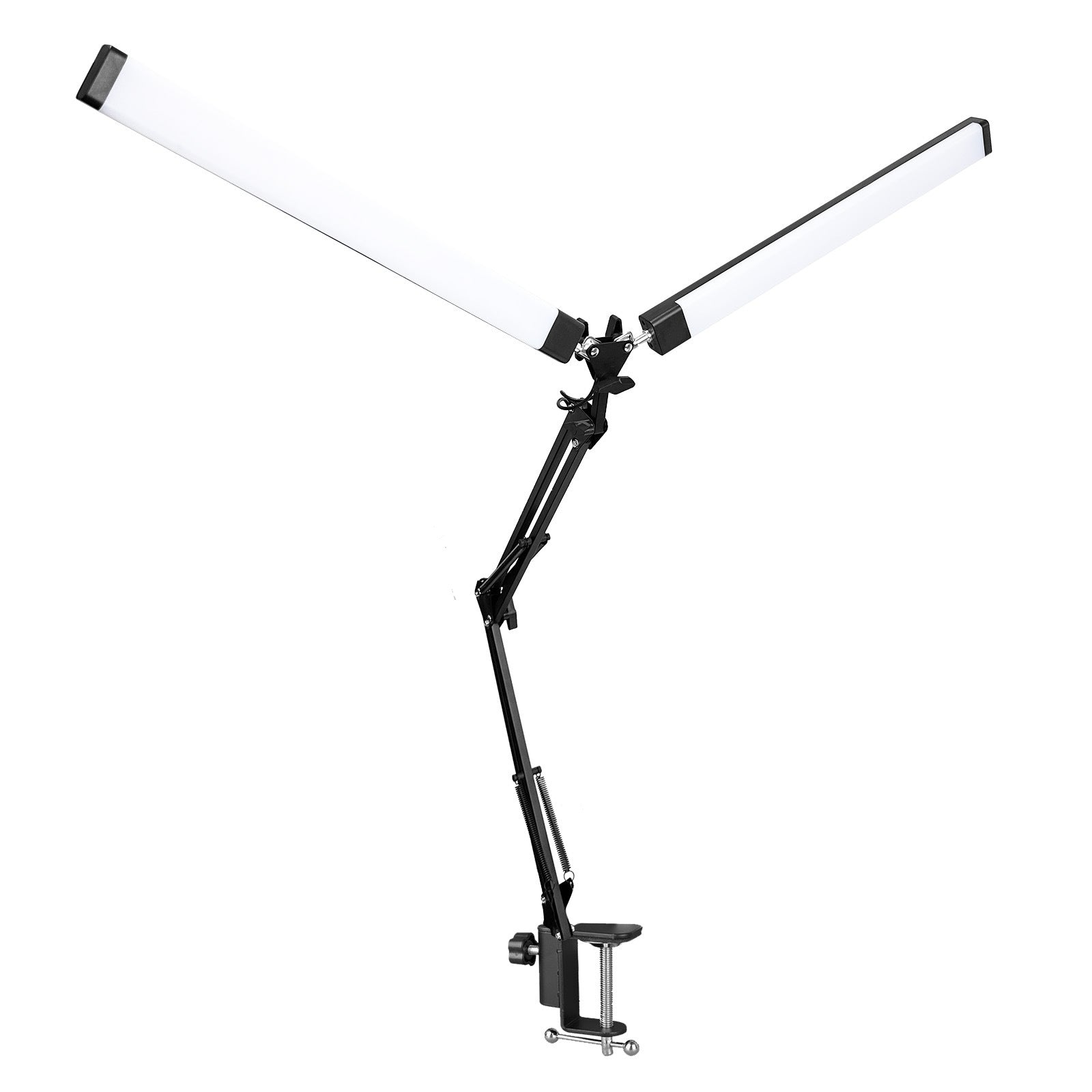Black double head LED desk lamp with C-clamp mount and articulated arms
