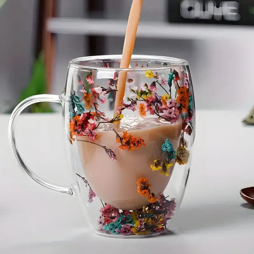 Double Wall Glass Mug | Suspended Dried Flowers Insulated Borosilicate Style