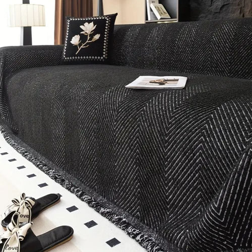Durable Stripe Herringbone Sofa Cover – Non-Slip, Water-Resistant Microfiber Blend